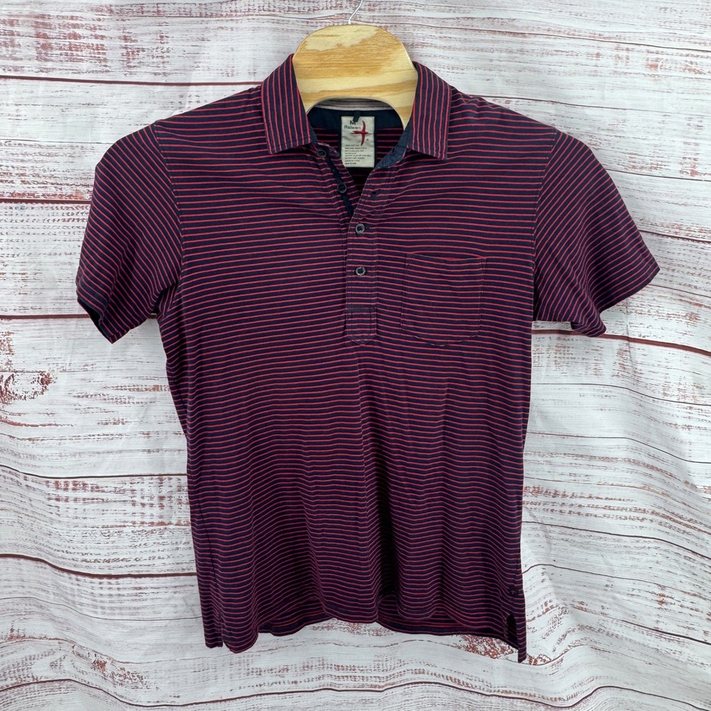 Relwen Polo Shirt Mens Medium Navy Red Striped Cotton Short Sleeve Pocket